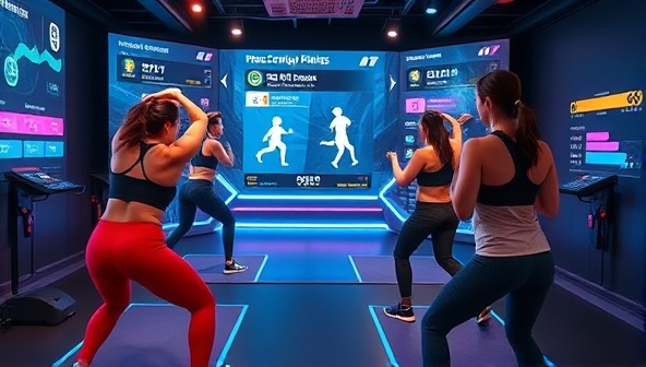 An energetic visual featuring a user actively engaging in a fitness game, performing exercises and movements in sync with the on-screen instructions, surrounded by a digital fitness environment that reflects their progress and achievements, illustrating the fusion of gaming and fitness elements.