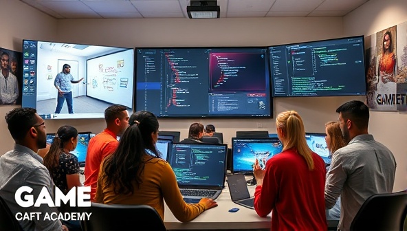 An online workshop scene featuring diverse participants collaborating on game development projects, with virtual whiteboards, coding screens, and creative assets, illustrating a dynamic and interactive learning environment at GameCraft Academy.