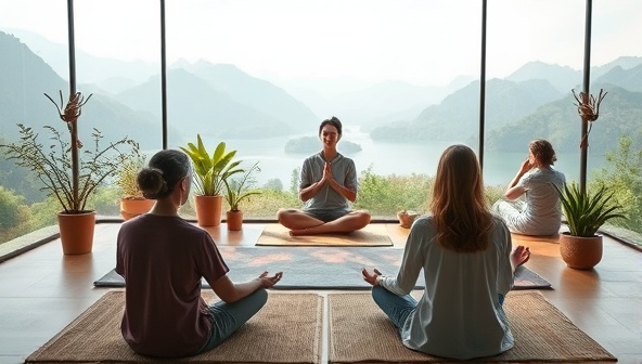 A virtual mindfulness retreat scene featuring a mindfulness coach leading a guided meditation session with participants in a tranquil digital setting, surrounded by calming nature visuals and soothing music, creating a serene and relaxing atmosphere for inner reflection and rejuvenation.