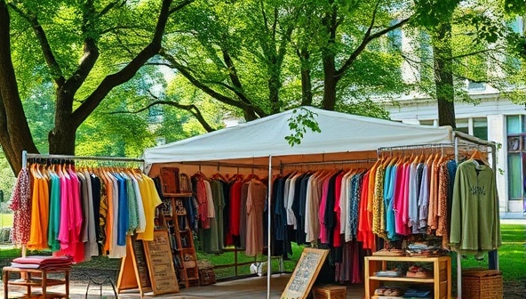 A vibrant and colorful pop-up shop set up in a park, with racks of trendy clothing, accessories, and home goods displayed under a canopy of trees, attracting environmentally conscious shoppers.