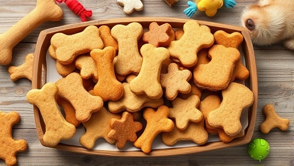 An array of freshly baked dog treats in various shapes and sizes displayed on a rustic wooden tray, surrounded by playful dog toys and a wagging tail, capturing the essence of homemade goodness and tail-wagging excitement in Paws & Bites Kitchen.