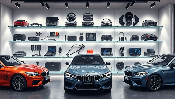 An artistic rendering of a variety of premium car accessories displayed on sleek shelves in a virtual showroom setting, surrounded by car models showcasing different accessory usage scenarios, highlighting diversity and convenience in car upgrades.