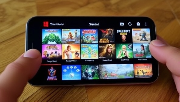 A smartphone screen displaying a variety of mobile games being streamed seamlessly, showcasing the diverse range of gaming options available on StreamQuest's subscription service, with vibrant graphics and engaging gameplay experiences.