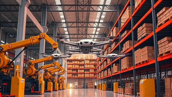 An artistic representation of a futuristic warehouse facility with robotic arms, AI-powered drones, and automated inventory systems working in harmony.