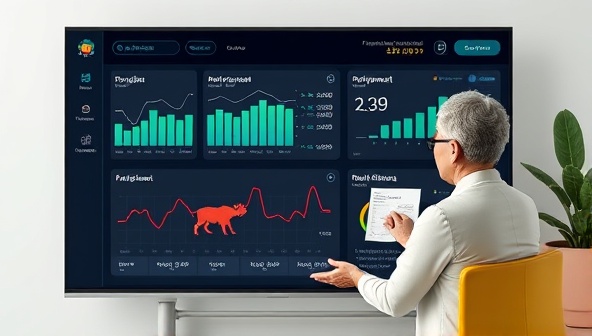 A digital financial dashboard displaying investment portfolios, budgeting tools, and retirement planning calculators, with a financial coach guiding a client through financial strategies and wealth-building techniques, illustrating financial empowerment and education in a virtual setting.