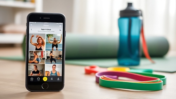 A smartphone displaying a fitness app with workout videos, a water bottle, resistance bands, and a yoga mat in the background, showcasing a virtual fitness coaching setup at home.