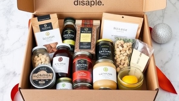 An aesthetically pleasing subscription box filled with an assortment of artisanal treats, gourmet snacks, and specialty ingredients, elegantly displayed with decorative accents and a personalized note, evoking a sense of culinary luxury and indulgence.