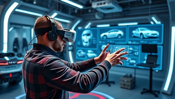 An immersive virtual reality setup with a customer donning VR goggles and manipulating digital car customization options, surrounded by futuristic design elements and high-tech equipment, illustrating the cutting-edge experience of the studio.