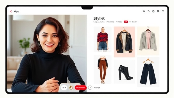 A sleek and modern virtual styling session interface showing a stylist and a client interacting through video call, with fashion mood boards and outfit suggestions displayed on the screen, creating a stylish and interactive experience.