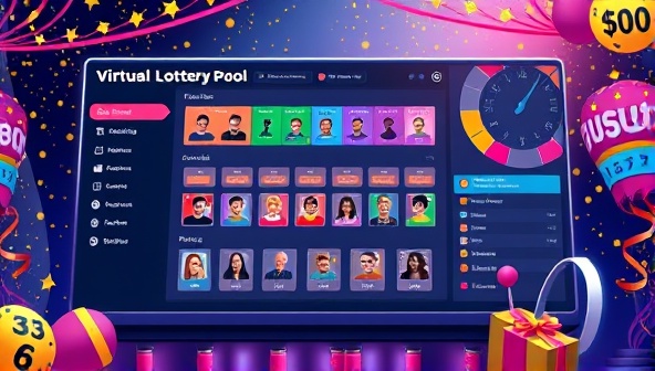 An engaging digital illustration of a virtual lottery pool dashboard displaying ticket numbers, participant avatars, and prize distribution details, surrounded by a festive and celebratory atmosphere, highlighting the excitement and camaraderie of participating in a lottery pool through the platform.