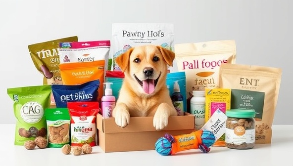 An assortment of premium pet treats, toys, and wellness products elegantly arranged in a subscription box, personalized with the pet's name and featuring a happy dog or cat enjoying the goodies, capturing the joy and excitement of receiving Pawsitively Good Boxes.