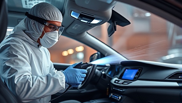 An image of a professional technician wearing protective gear while disinfecting a vehicle interior with futuristic cleaning equipment, highlighting a thorough and high-tech approach to ensuring a sanitized driving environment.