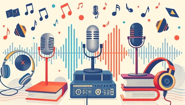 An audio-themed graphic with microphone icons, sound wave visuals, and storytelling elements like books and headphones, symbolizing the vibrant community and creative audio storytelling potential of the user-generated platform.