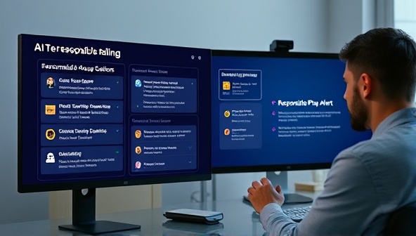 An AI interface displaying personalized recommendations and alerts for responsible gambling, alongside a user engaging with the tool on a computer screen, illustrating the proactive and supportive role of MindfulPlay AI in promoting safe and mindful gaming habits.