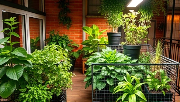 An urban apartment balcony transformed into a lush green oasis with the smart urban farming kit in action, showcasing a variety of thriving plants under the glow of LED lights.
