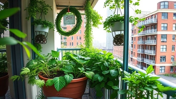 An urban apartment balcony transformed into a lush green oasis with vertical planters filled with vibrant vegetables and herbs, showcasing the beauty and practicality of indoor farming.