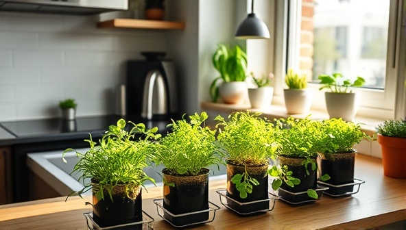 An urban apartment kitchen counter adorned with lush, vibrant microgreens in small pots, sunlight streaming through the window, highlighting freshness and convenience.