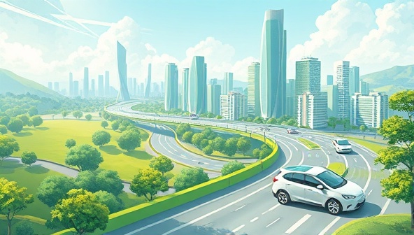 An illustration of a futuristic cityscape with electric and hybrid vehicles seamlessly moving through green landscapes, showcasing a sustainable and eco-friendly transportation ecosystem powered by GreenRide Share.