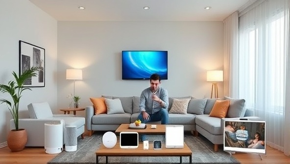 A modern living room setting with various smart home devices assembled from the DIY kits, showcasing seamless automation and convenience, surrounded by a tech-savvy homeowner interacting with the devices, highlighting the ease of setup and customization.