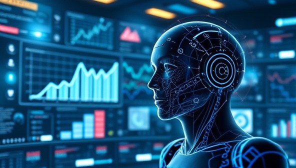 An advanced AI system analyzing social media data in a futuristic setting, with holographic charts and graphs floating in the air, showcasing real-time insights and trends, illustrating the cutting-edge technology behind InsightSphere.