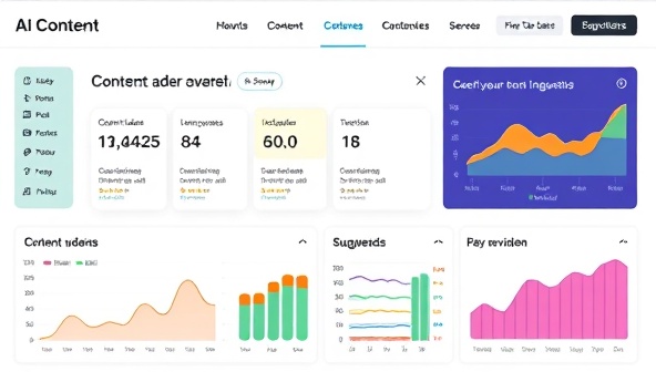 An AI-powered interface displaying a variety of content ideas and suggestions tailored to different industries, with colorful graphs illustrating engagement metrics and keyword trends, conveying innovation and efficiency in content creation.