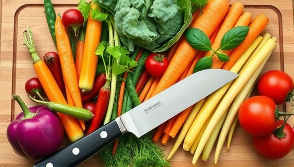 An image of colorful, fresh vegetables arranged neatly with a chef's knife on a wooden cutting board, evoking the essence of healthy cooking and plant-based ingredients.