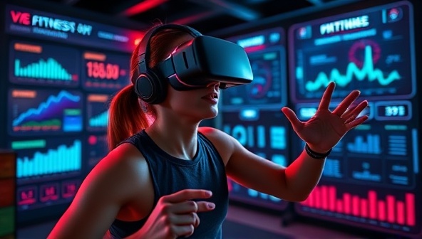 An immersive virtual reality fitness environment featuring a user wearing a VR headset engaging in a high-energy workout session, surrounded by digital fitness metrics, interactive challenges, and motivational cues, showcasing the dynamic and engaging fitness experience.