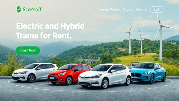 An engaging website banner showcasing a lineup of electric and hybrid vehicles available for rent, set against a backdrop of lush green landscapes and renewable energy sources, illustrating the concept of sustainable travel and eco-friendly transportation.