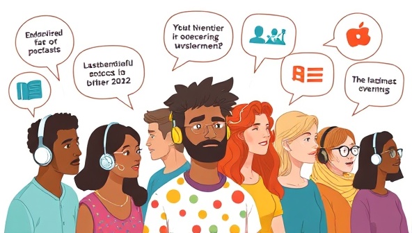 An illustration of diverse individuals wearing headphones, listening to educational podcasts on various topics, surrounded by speech bubbles showing engagement and learning interactions, emphasizing the interactive nature of the platform.