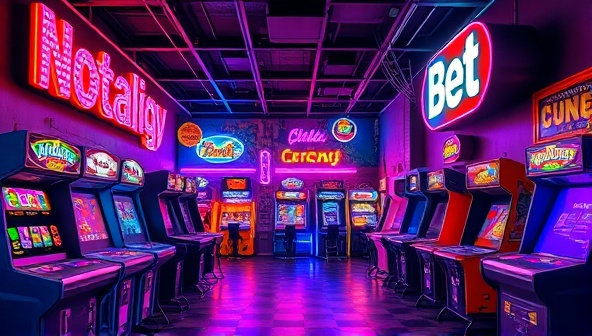 An artistic rendering of a vibrant retro arcade lounge with neon lights, colorful arcade cabinets, and a mix of classic and modern gaming setups, capturing the nostalgic and energetic atmosphere of the Nostalgia Bet Arcade for customers to enjoy.