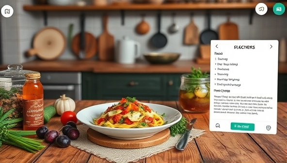 An inviting virtual kitchen scene with a beautifully presented seasonal dish, a recipe card, fresh ingredients, and kitchen utensils laid out on a rustic wooden table, exuding warmth and culinary inspiration for home cooks and food lovers subscribing to the service.
