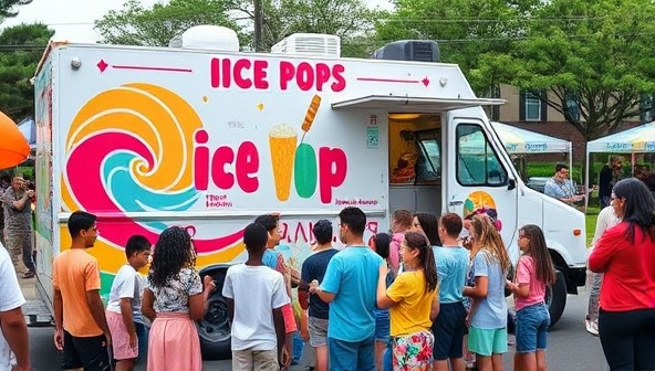 An eye-catching ice pop truck with a colorful design, parked at a community event with children and adults eagerly lined up to purchase the artisanal frozen treats, creating a vibrant and fun atmosphere.