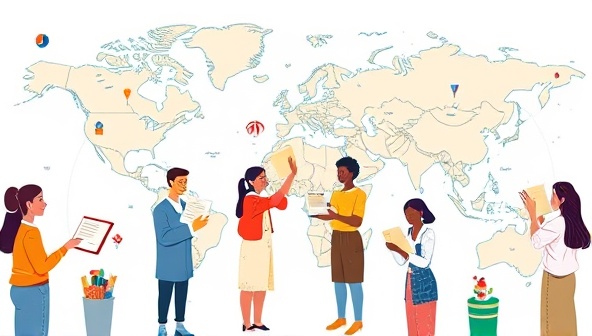 An artistic depiction of a diverse group of individuals exchanging letters and cultural items across continents, symbolizing the bridge-building power of cross-cultural communication and friendship.