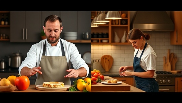 A split-screen image showing a professional chef teaching a virtual cooking class on one side, and a home cook following along in their kitchen on the other side, highlighting the interactive and engaging nature of the platform.