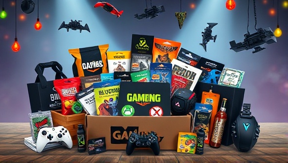 An enticing visual of a virtual subscription box filled with gaming-themed products and collectibles, arranged in a creative and appealing display, showcasing the variety and quality of items subscribers can expect to receive, creating excitement and anticipation for each delivery.