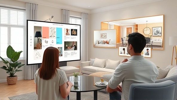 An artistic rendering of a virtual interior design consultation session, with a designer showcasing mood boards and color schemes on a digital screen while the client views room visualizations in real-time, creating an interactive and visually appealing design experience.