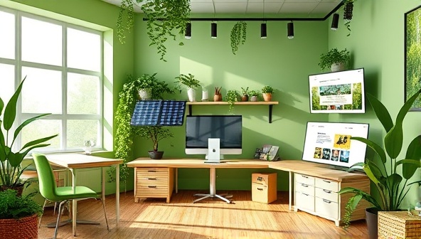 An artistic representation of a green-themed website design studio, featuring eco-friendly materials, solar panels, and digital screens displaying minimalist, sustainable website concepts, reflecting the ethos of EcoDesign Solutions.
