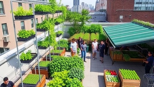A bustling urban rooftop garden filled with lush greenery in vertical structures, community members tending to the plants, and a farmer's market stand showcasing fresh produce, creating a vibrant and sustainable urban farming atmosphere.