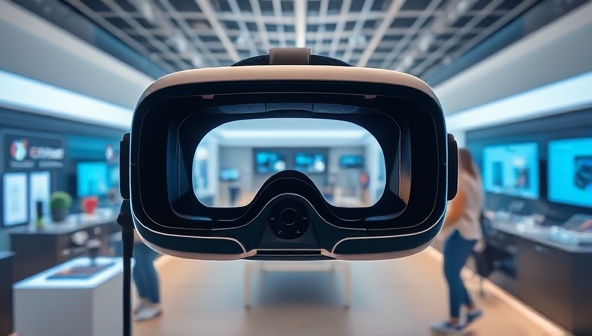 An immersive VR headset displaying a virtual showroom with realistic product displays, surrounded by digital representations of satisfied customers interacting with products, illustrating the engaging and interactive nature of the service.