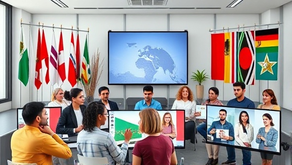 A virtual global meeting room with diverse avatars representing different cultures, flags of various countries in the background, language exchange dialogues happening in real-time, and interactive cultural activities displayed on screens, fostering a sense of unity and diversity.
