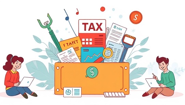 An engaging digital illustration of a toolbox filled with tax-related tools and documents, surrounded by happy users accessing the tools on their laptops and smartphones, conveying efficiency and ease of tax compliance.