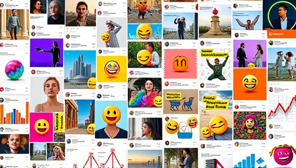A dynamic collage of vibrant social media posts representing various industries, with emojis and engagement metrics overlaying the visuals, symbolizing creativity and digital engagement.