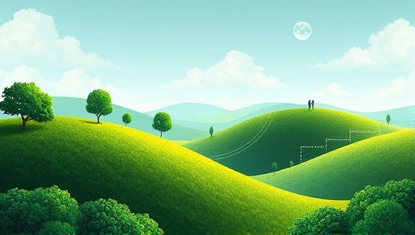 An illustration of a lush green landscape with digital elements integrated harmoniously, symbolizing the eco-friendly approach of GreenWave Designs in blending nature and technology seamlessly in web design projects, promoting sustainability and creativity.