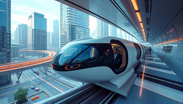 An innovative concept art depicting sleek hyperloop pods zooming through a futuristic urban landscape, with passengers enjoying a comfortable and ultra-fast travel experience inside the vacuum-sealed capsules, symbolizing the next frontier in high-speed inter-city commuting.