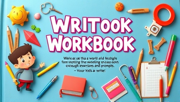 A colorful and playful workbook cover featuring animated characters and writing tools, inviting kids to explore the world of storytelling and creativity through interactive exercises and prompts.