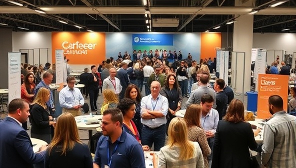 A virtual career fair setting featuring diverse professionals, industry experts, and career coaches interacting with eager attendees, exchanging insights, advice, and networking opportunities, embodying the dynamic and collaborative spirit of CareerGuidance Connect in empowering individuals to navigate their career paths successfully.