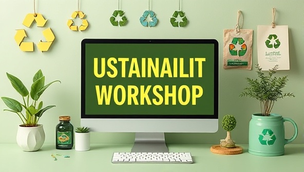 An online sustainability workshop setup with eco-friendly visuals, recycling symbols, and nature-inspired decor, emphasizing the importance of environmental conservation and sustainable practices in travel through virtual education and advocacy.