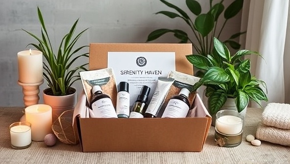 A serene image featuring a beautifully arranged Serenity Haven Box filled with wellness and self-care products, set against a backdrop of candles, plants, and comforting elements, creating a tranquil and inviting scene that embodies the essence of holistic well-being and relaxation.