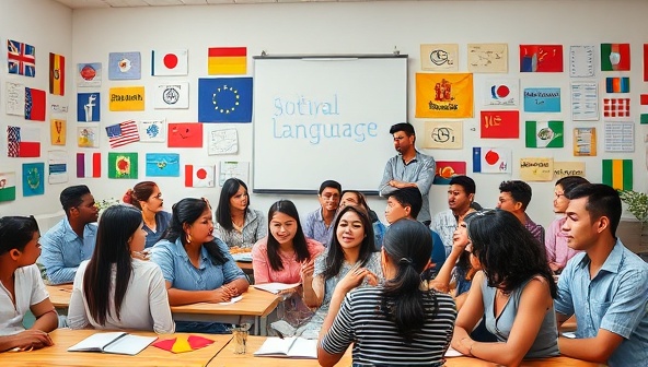 An engaging visual of a virtual language classroom filled with diverse students speaking different languages, sharing cultural insights, and learning from each other, symbolizing the vibrant and inclusive learning environment fostered by GlobalLingoConnect for global language enthusiasts.