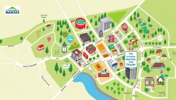 An illustrative map of a vibrant neighborhood with icons representing local amenities, parks, schools, and community centers, emphasizing the neighborhood-centric approach and community-focused features of Neighborhood Niche Market's real estate marketplace.